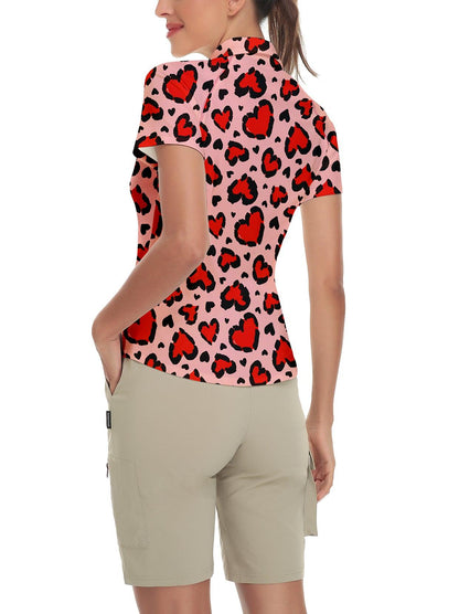 Red Heart on Pink Background Short-sleeve Golf Polo for Women