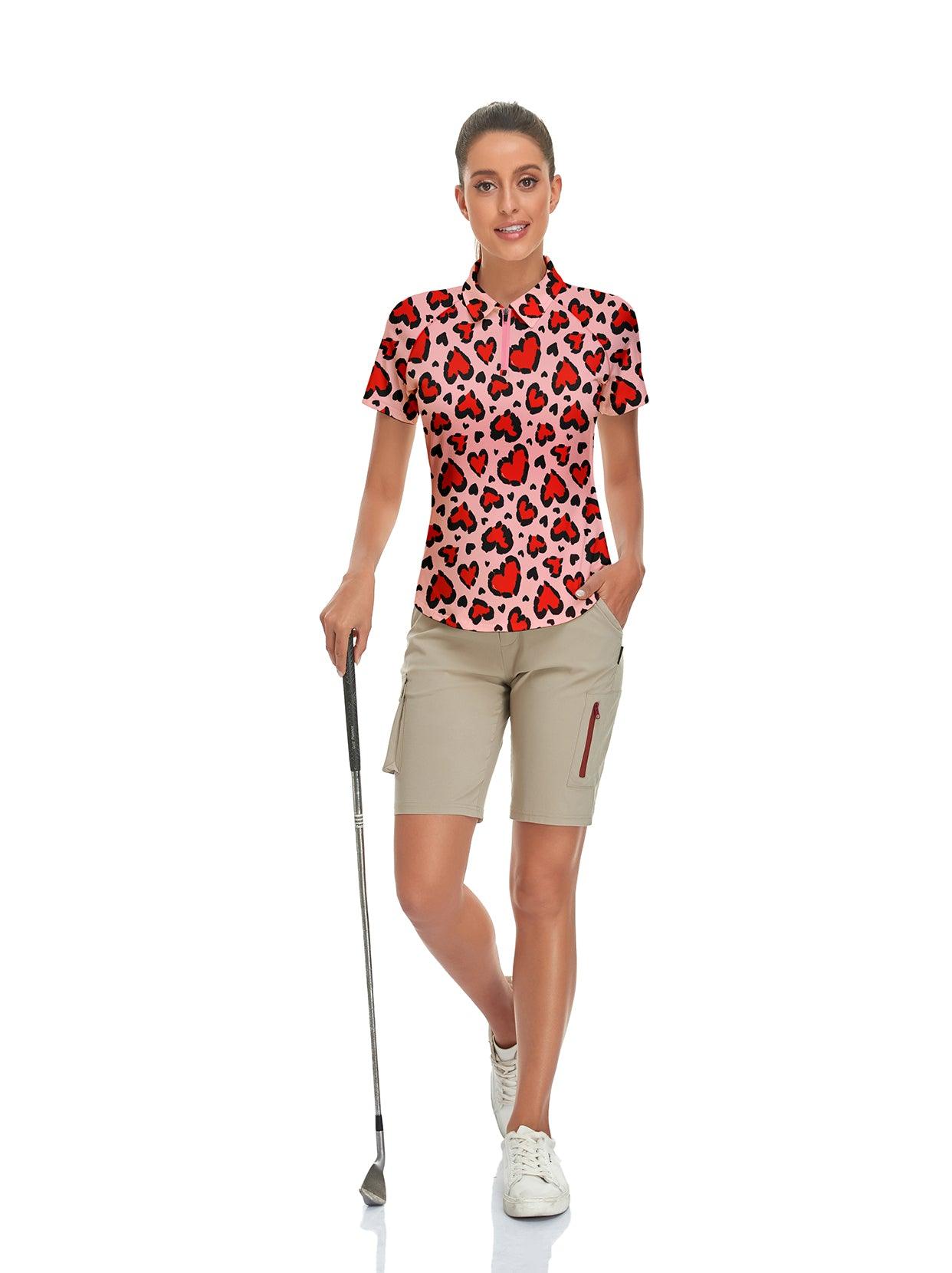 Red Heart on Pink Background Short-sleeve Golf Polo for Women