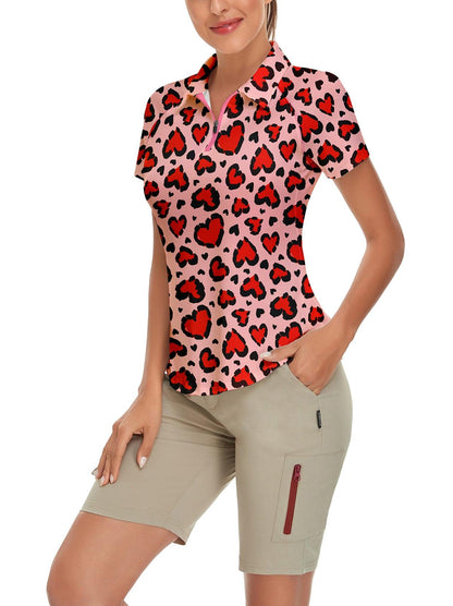 Red Heart on Pink Background Short-sleeve Golf Polo for Women