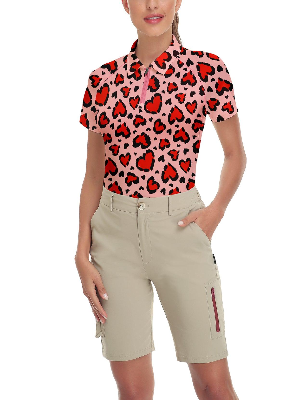 Red Heart on Pink Background Short-sleeve Golf Polo for Women