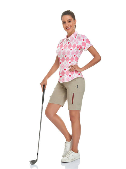 Pink Plaid and Red Hearts Short-sleeve Golf Polo for Women