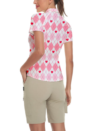 Pink Plaid and Red Hearts Short-sleeve Golf Polo for Women