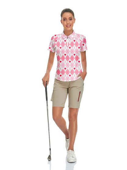 Pink Plaid and Red Hearts Short-sleeve Golf Polo for Women