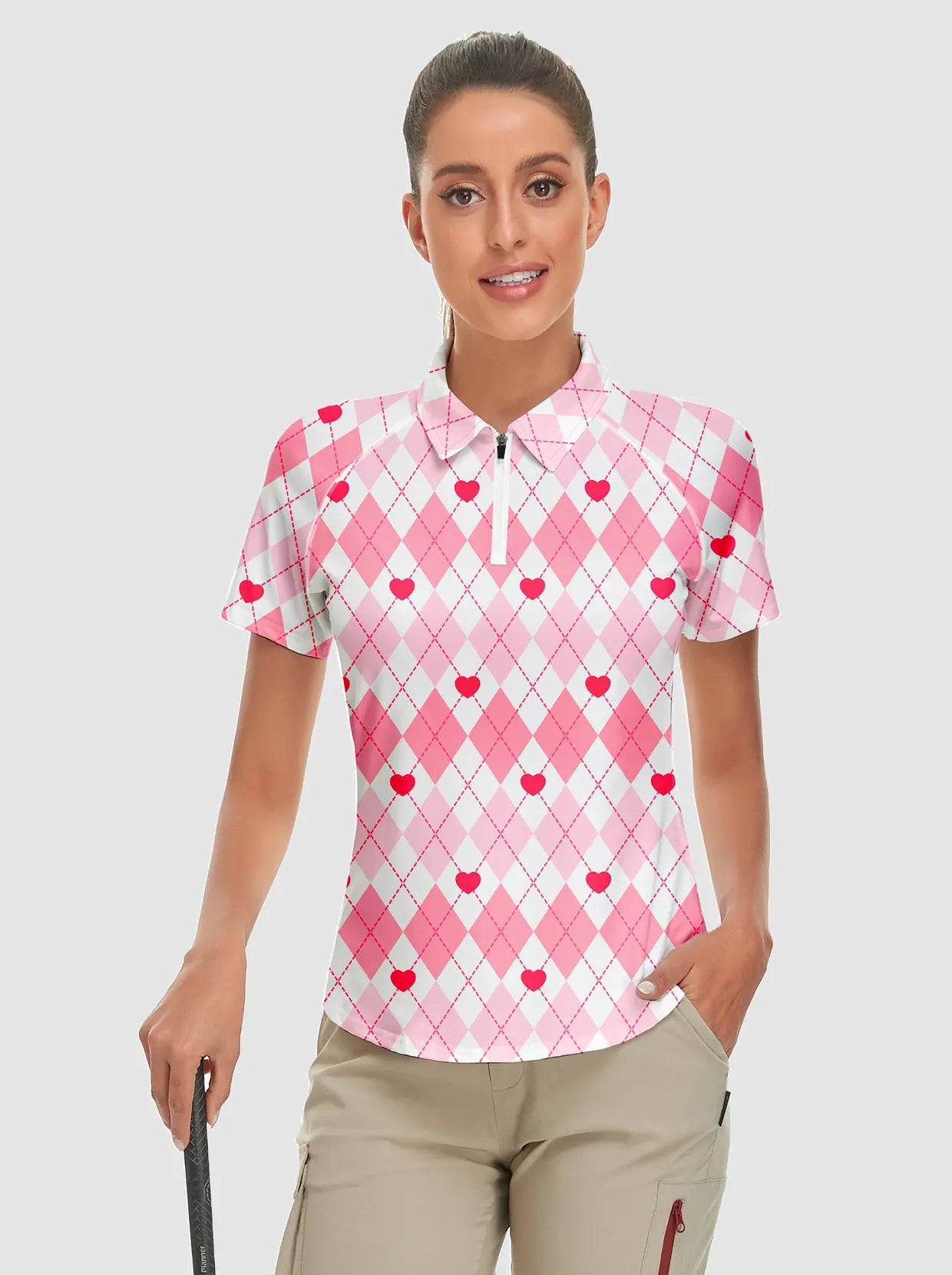 Pink Plaid and Red Hearts Short-sleeve Golf Polo for Women