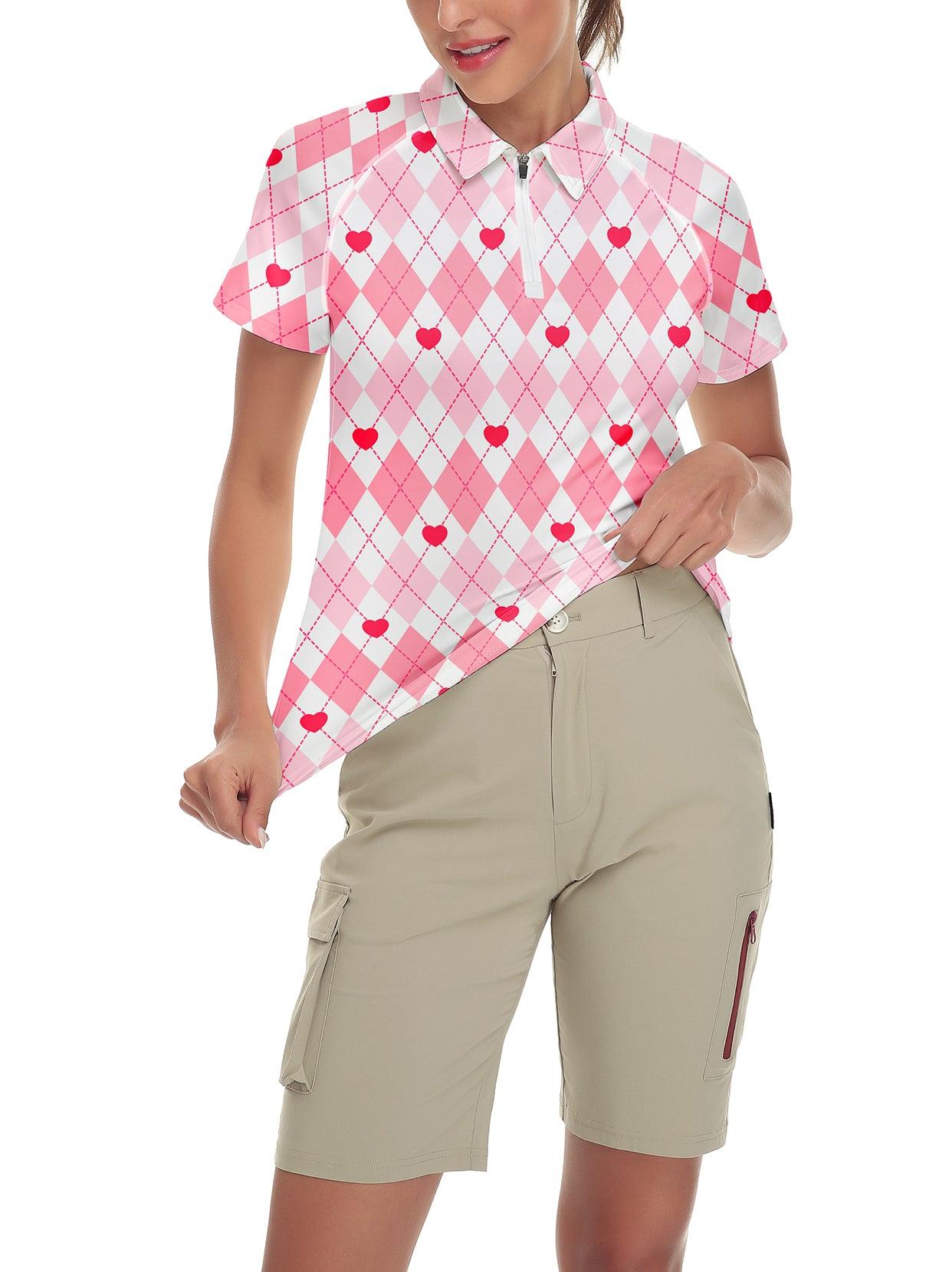 Pink Plaid and Red Hearts Short-sleeve Golf Polo for Women