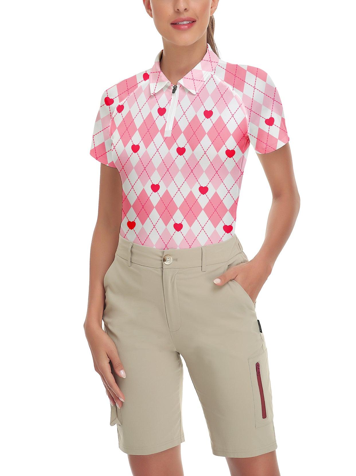 Pink Plaid and Red Hearts Short-sleeve Golf Polo for Women