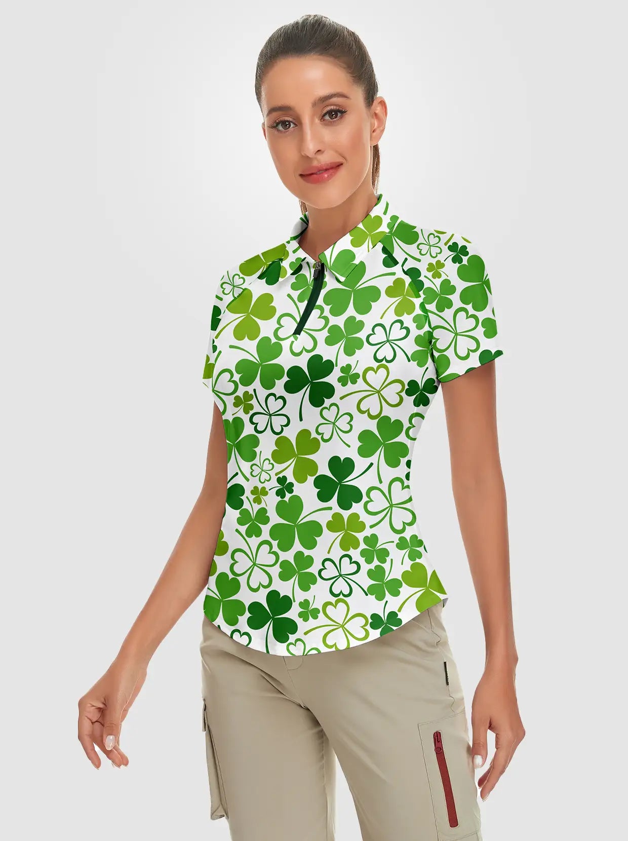 White and Green Shamrock Quarter-zip Short-sleeve Polo Shirt for Women