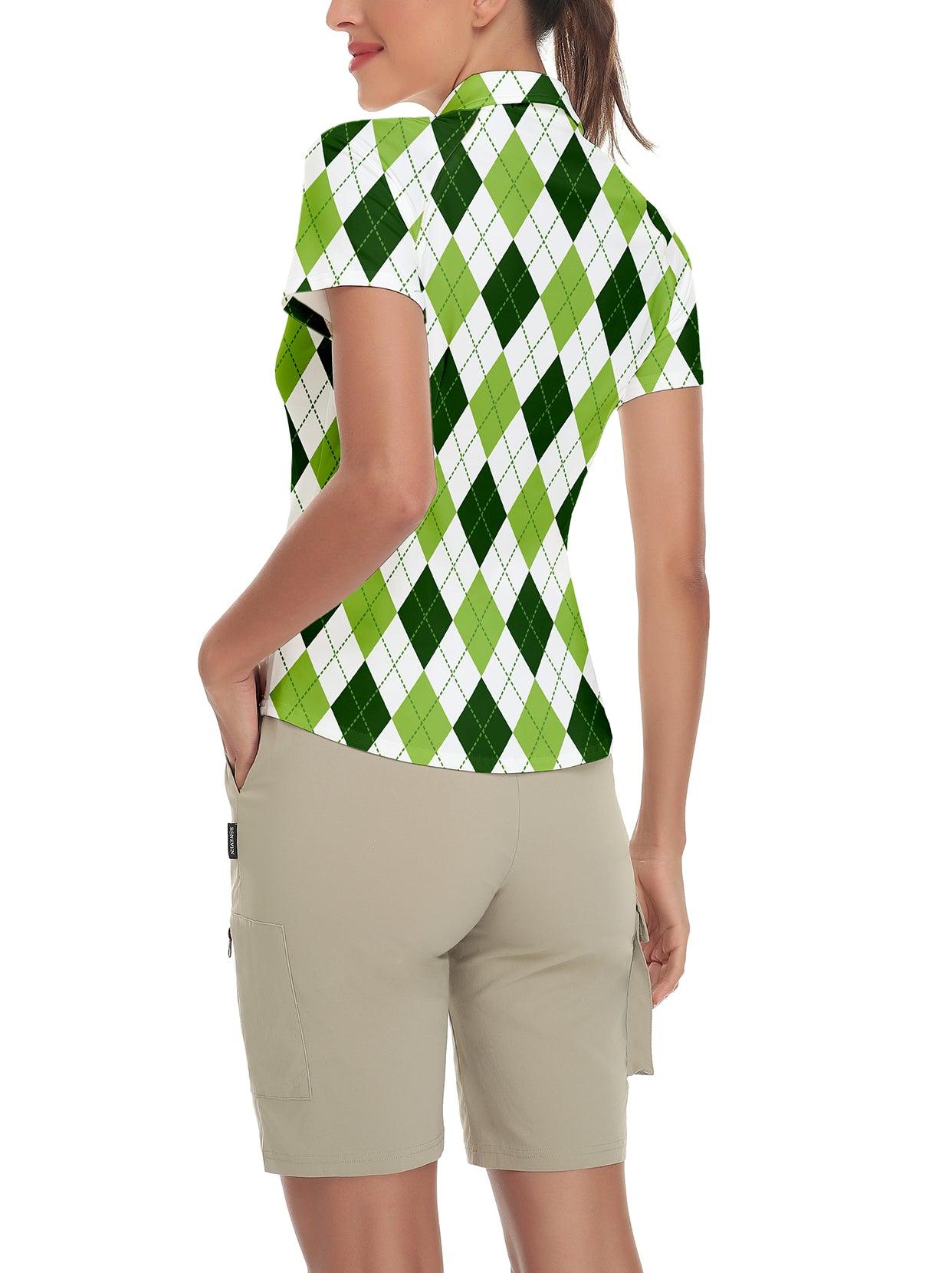 White and Green Checkerboard Short-sleeve Golf Polo for Women