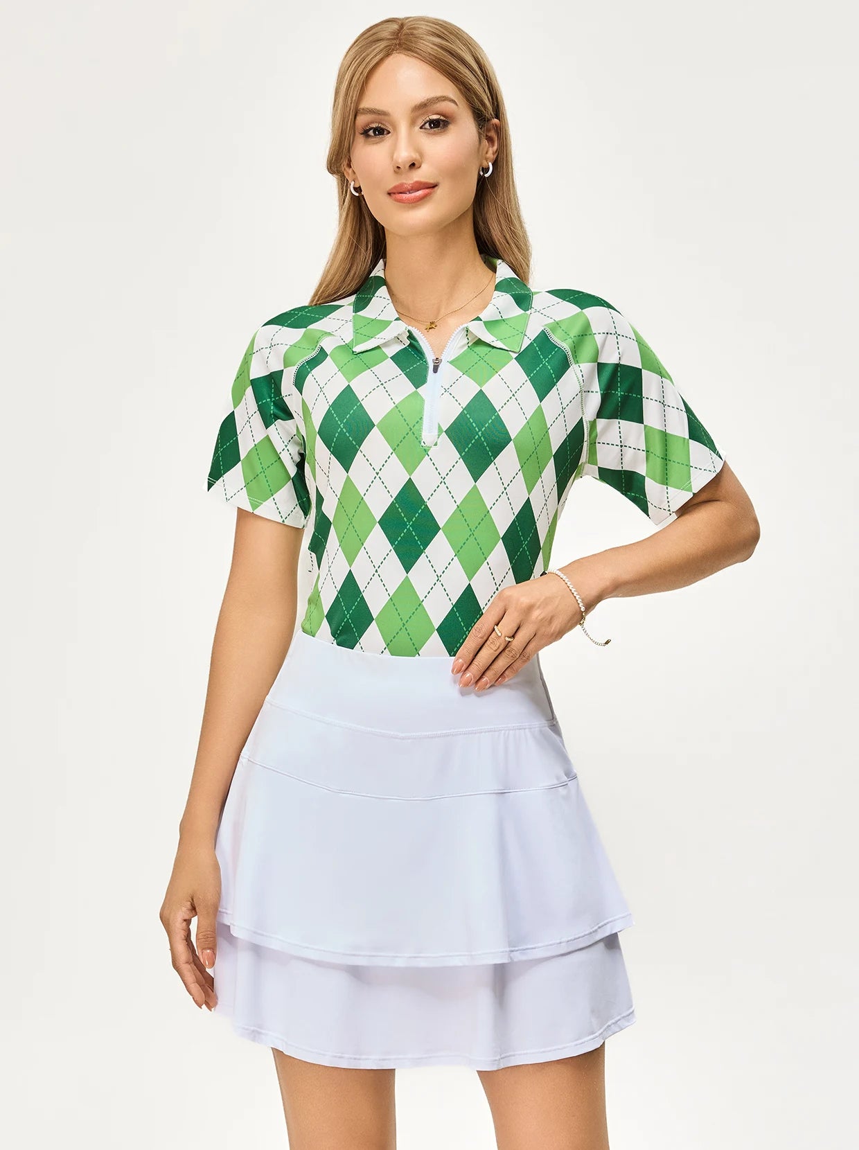 White and Green Checkerboard Short-sleeve Golf Polo Shirt