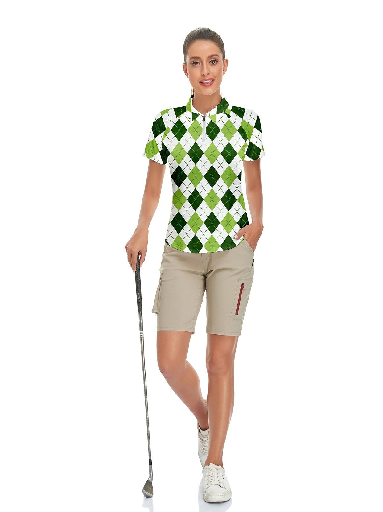 White and Green Checkerboard Short-sleeve Golf Polo for Women