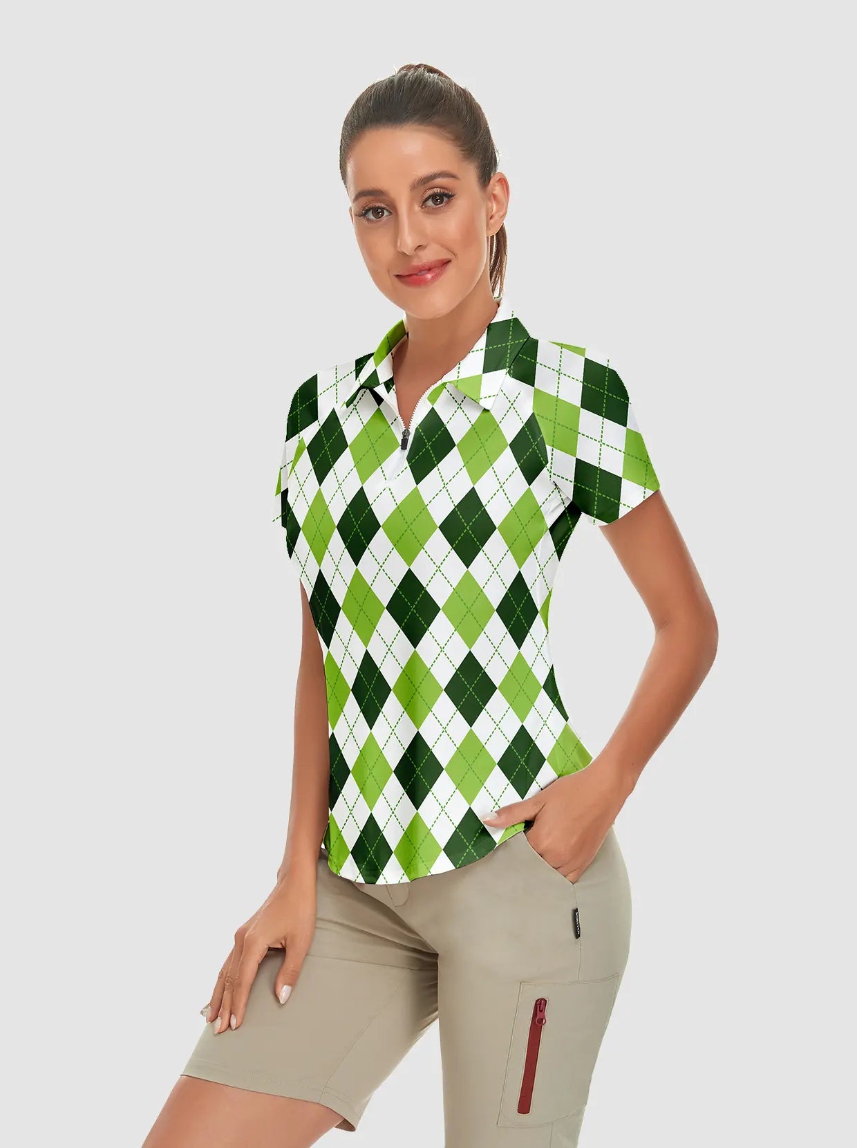 White and Green Checkerboard Short-sleeve Golf Polo for Women