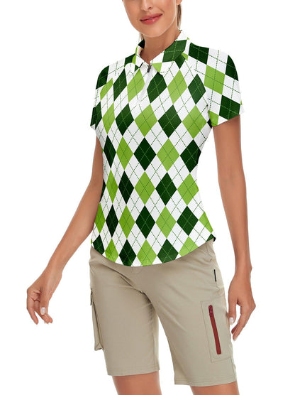 White and Green Checkerboard Short-sleeve Golf Polo for Women