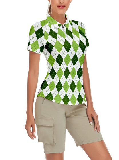 White and Green Checkerboard Short-sleeve Golf Polo for Women