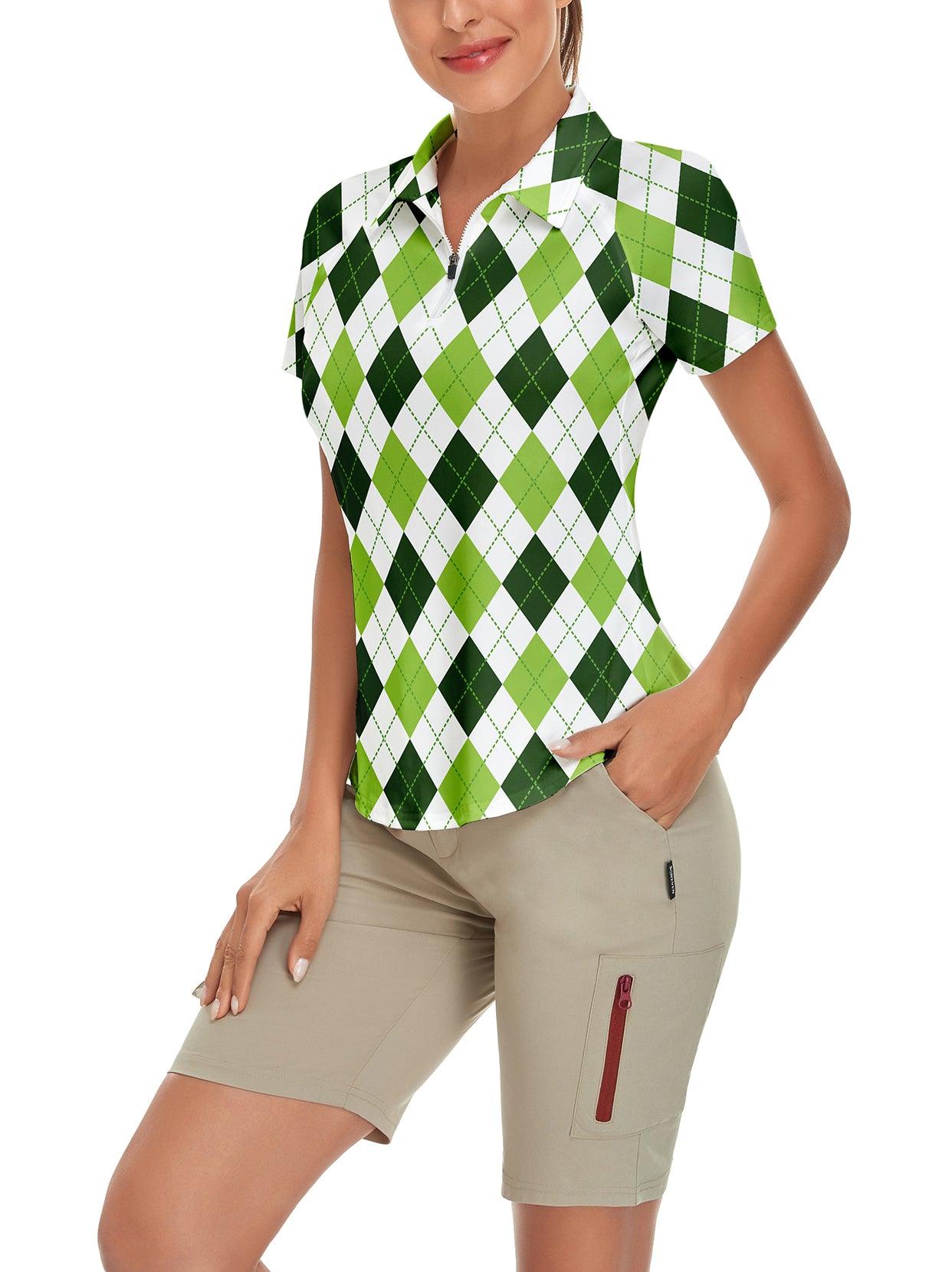 White and Green Checkerboard Short-sleeve Golf Polo for Women