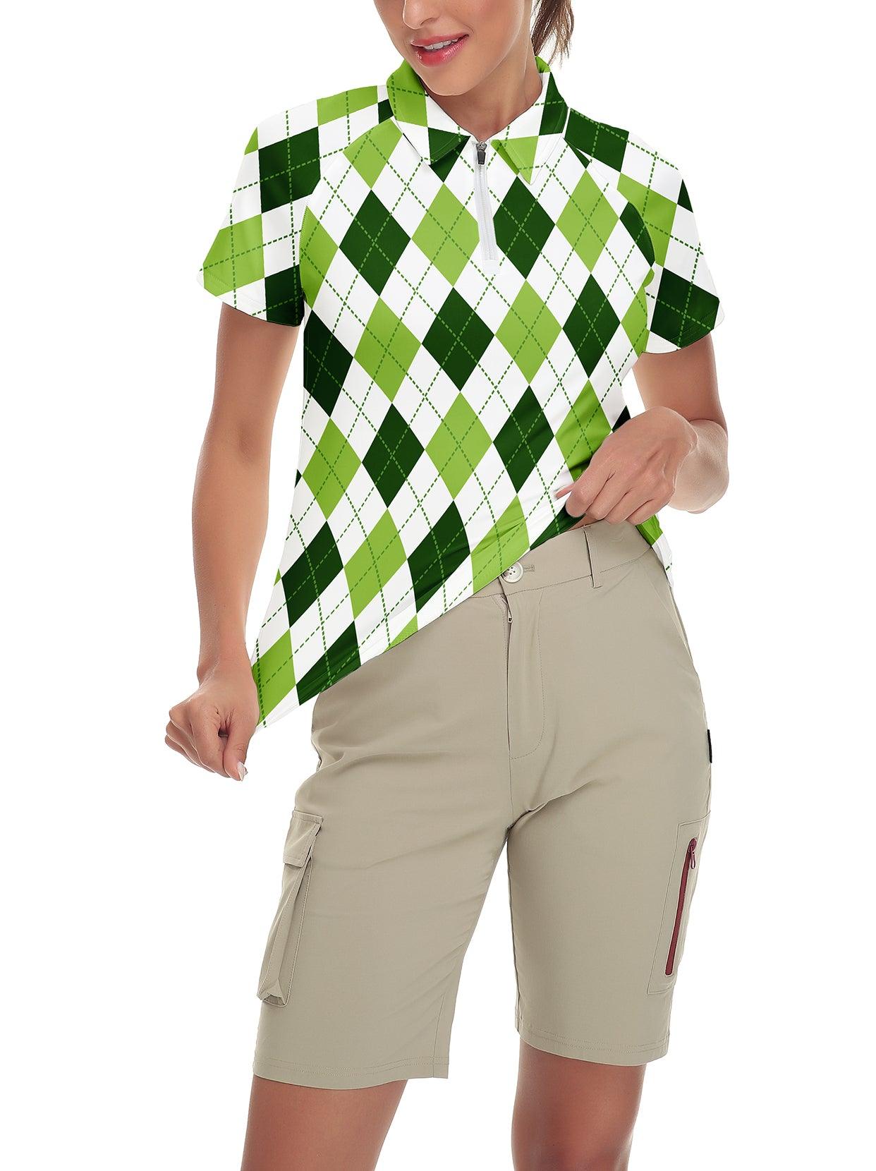 White and Green Checkerboard Short-sleeve Golf Polo for Women