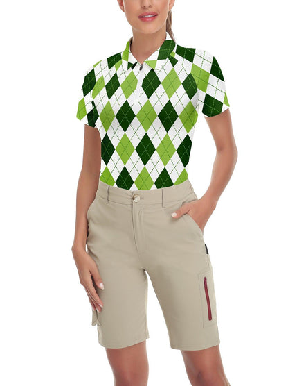 White and Green Checkerboard Short-sleeve Golf Polo for Women