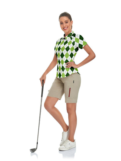 White and Green Checkerboard Short-sleeve Golf Polo for Women