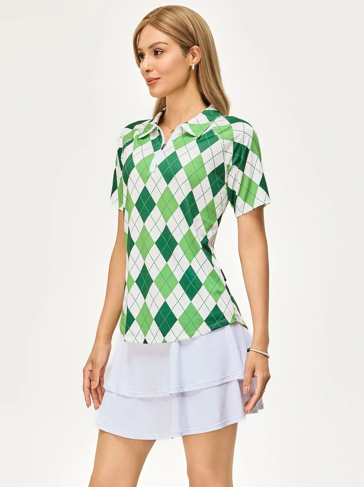 White and Green Checkerboard Short-sleeve Golf Polo Shirt