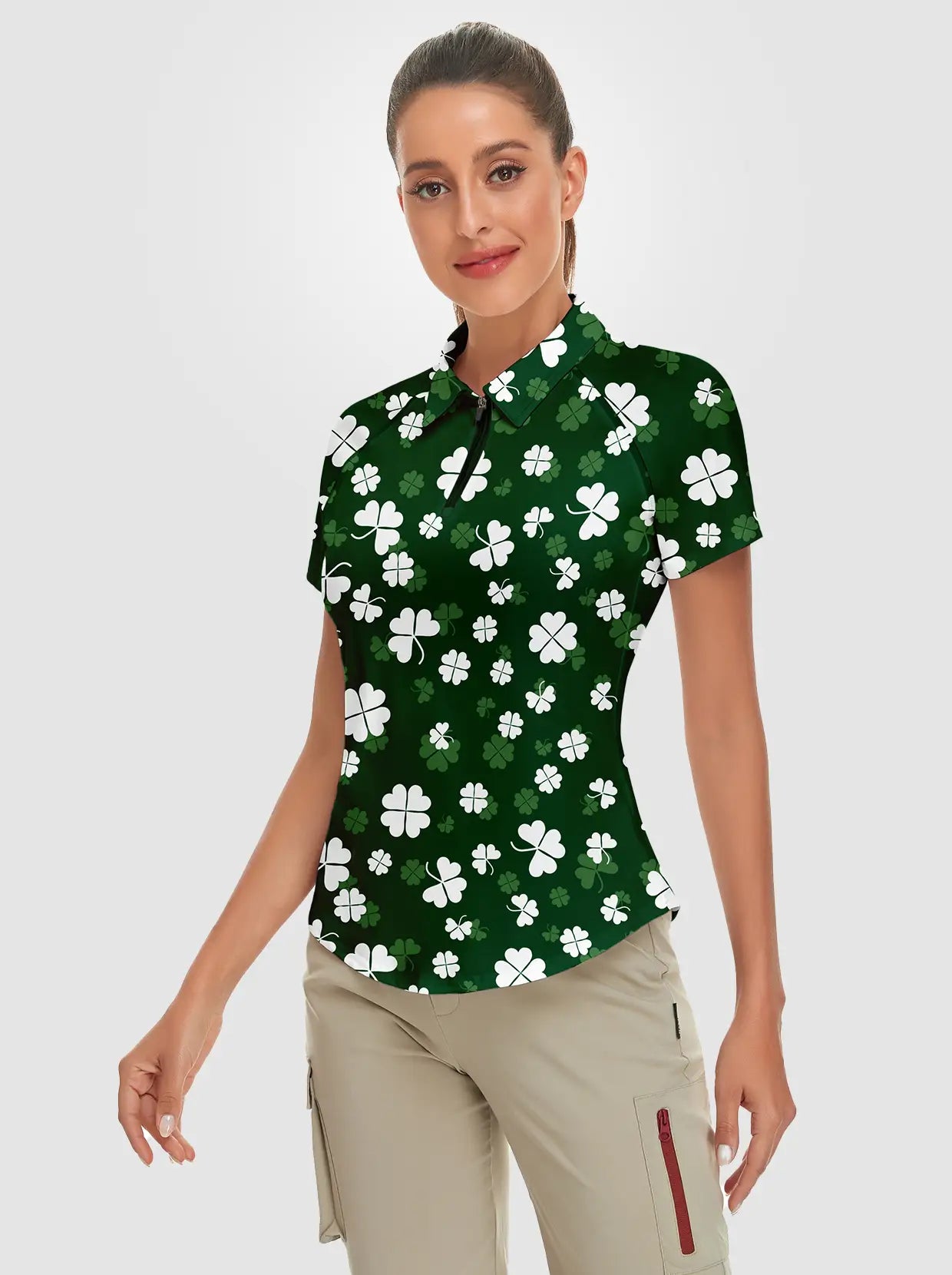 White Floral Quarter-zip Short-sleeve Polo Shirt for Women