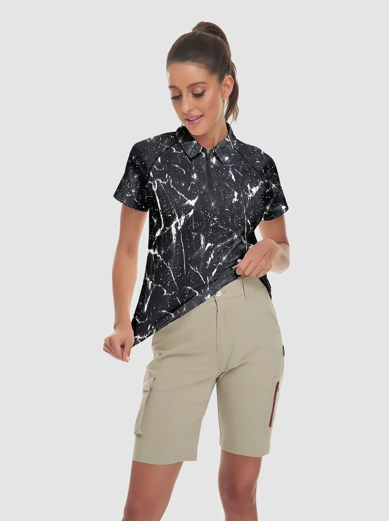 Black Marble Short-sleeve Golf Shirt for Ladies