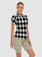 Black and Gray Checkboard Short-sleeve Golf Shirt for Women