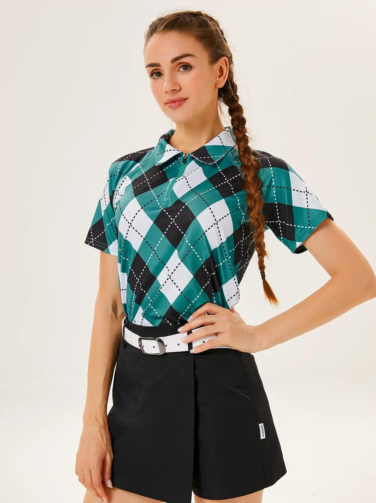 Green and Black Checkerboard Short-sleeve Golf Shirt for Women