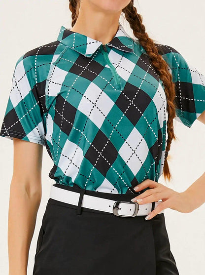 Green and Black Checkerboard Short-sleeve Golf Shirt for Women