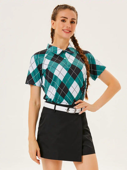 Green and Black Checkboard Short-sleeve Golf Shirt for Women