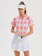 Pink and White Checkerboard Short-sleeve Golf Shirt for Women