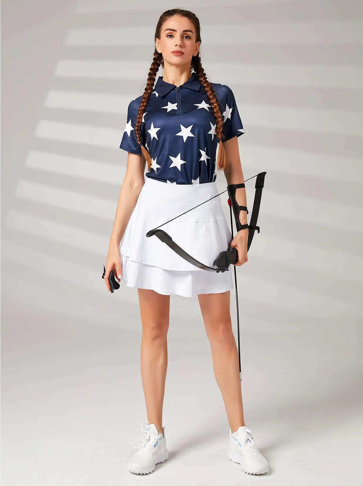 White Star on Navy Background Short Sleeve Archery Shirt for Women