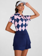 Pink and Blue Checkerboard Short Sleeves Quarter-Zip Golf Polo