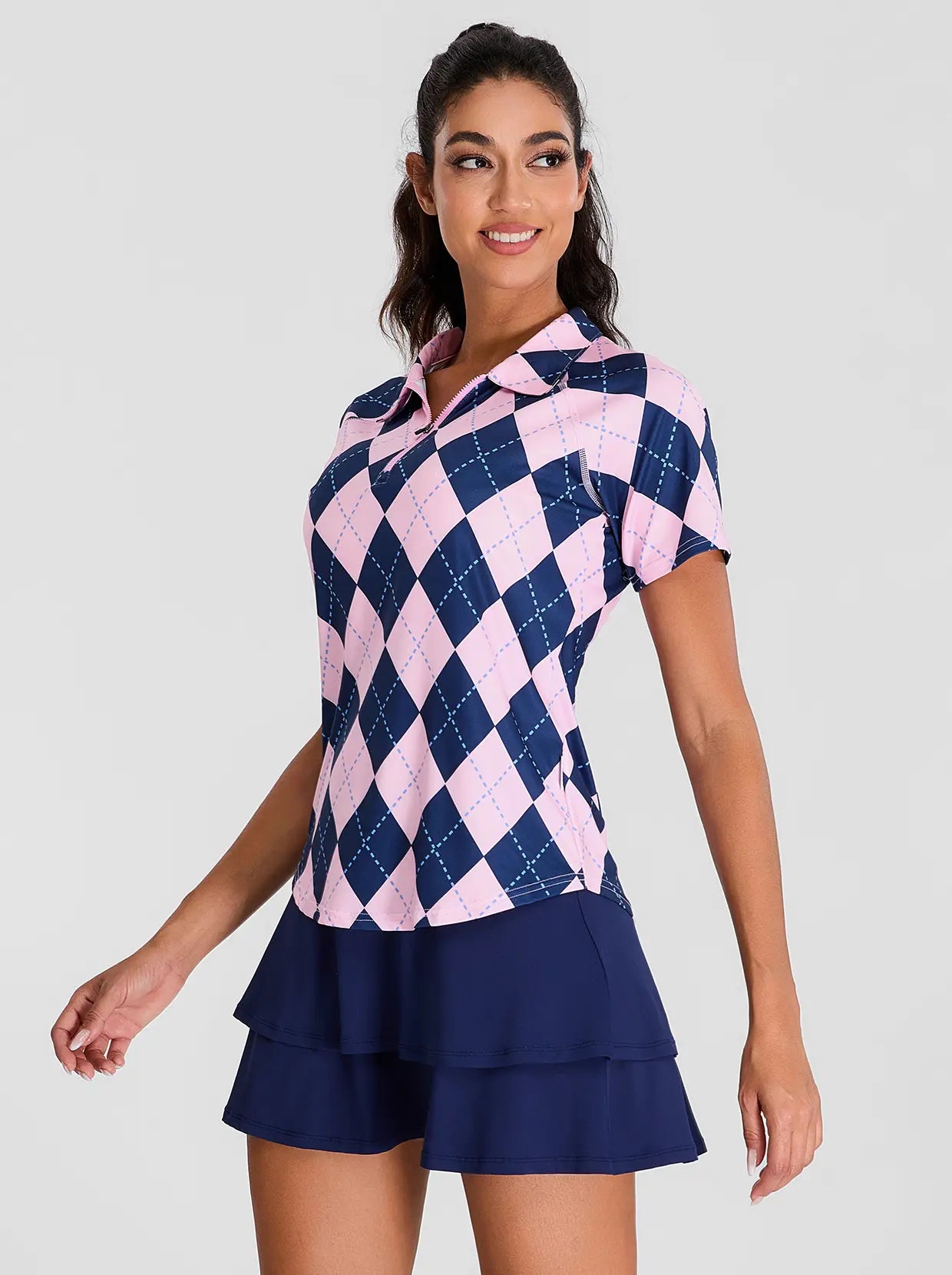 Pink and Blue Checkerboard Short Sleeves Quarter-Zip Golf Polo