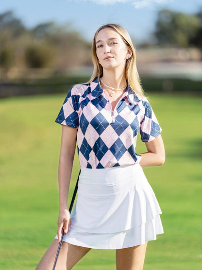 Pink and Blue Checkerboard Short Sleeves Quarter-Zip Golf Polo