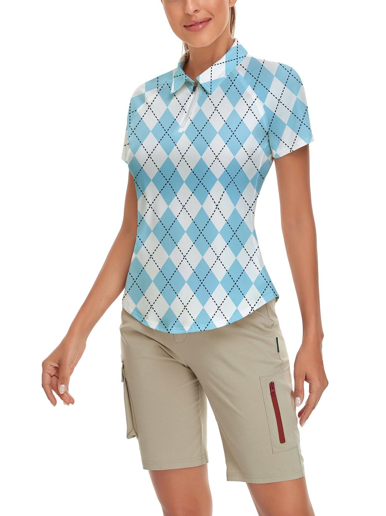 Blue and White Checkboard Short-sleeve Golf Polo for Women