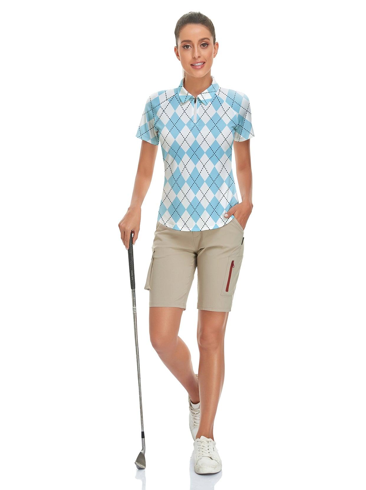 Blue and White Checkboard Short-sleeve Golf Polo for Women