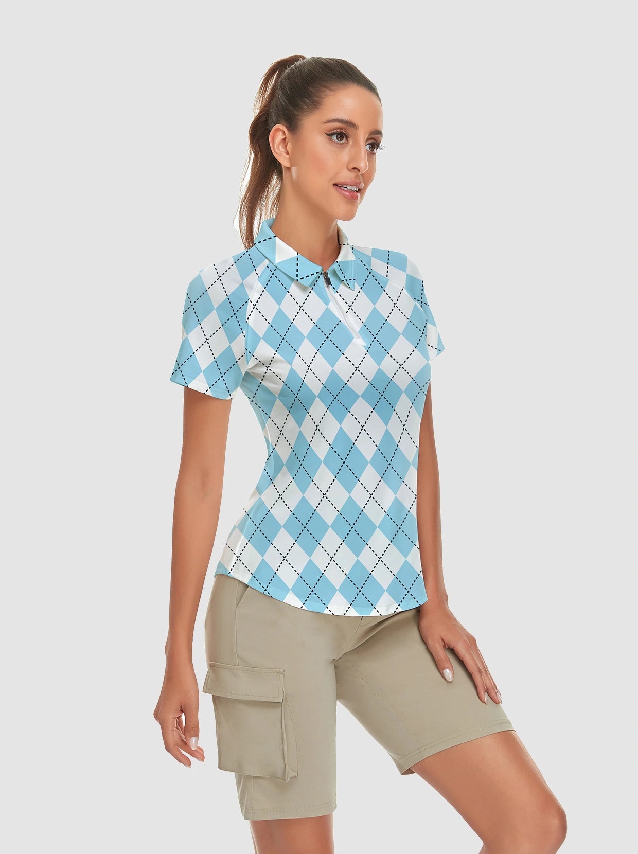 Blue and White Checkboard Short-sleeve Golf Polo for Women
