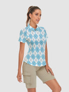 Blue and White Checkboard Short-sleeve Golf Polo for Women