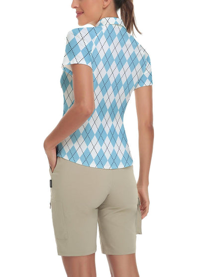 Blue and White Checkboard Short-sleeve Golf Polo for Women