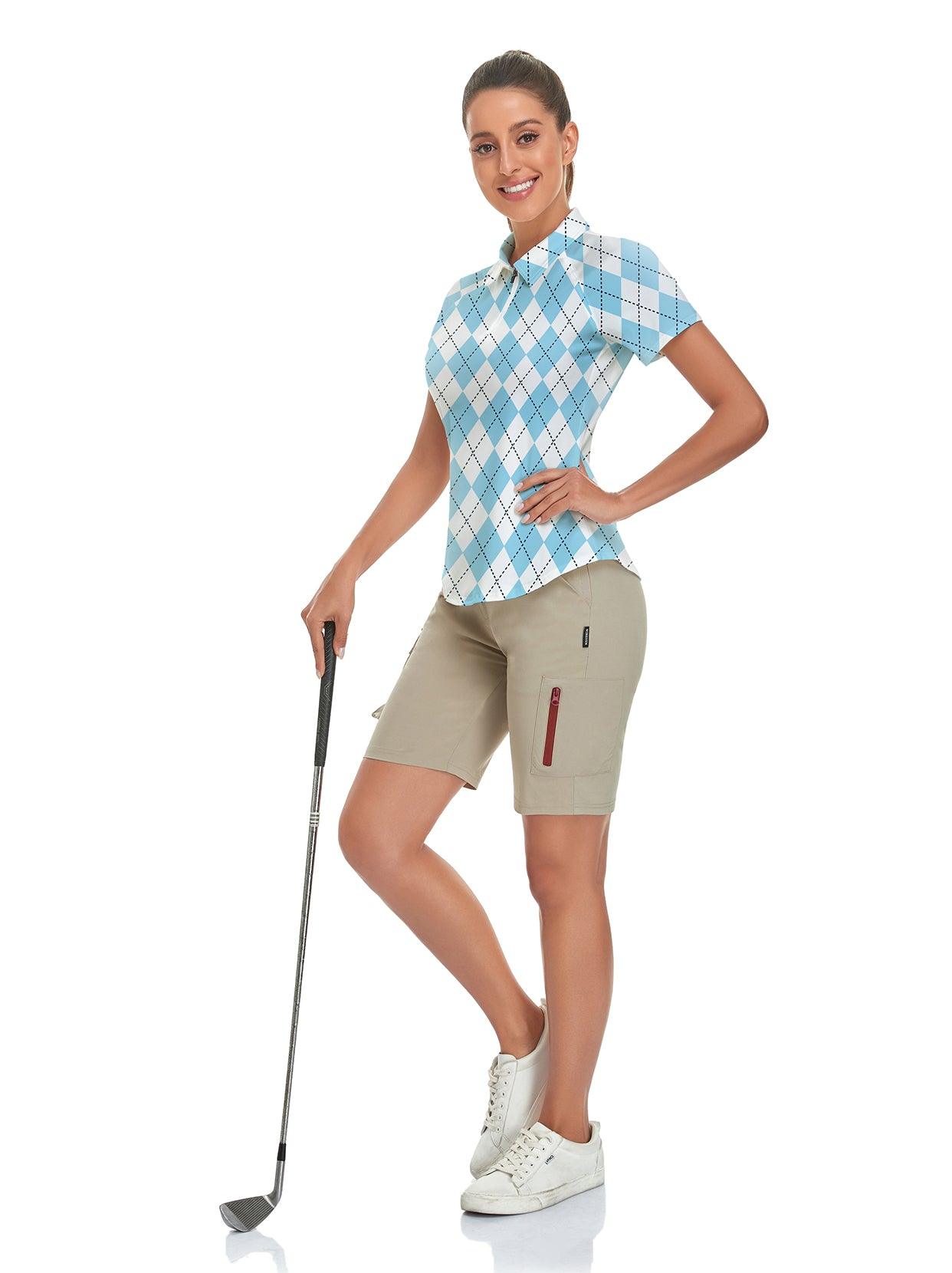 Blue and White Checkboard Short-sleeve Golf Polo for Women