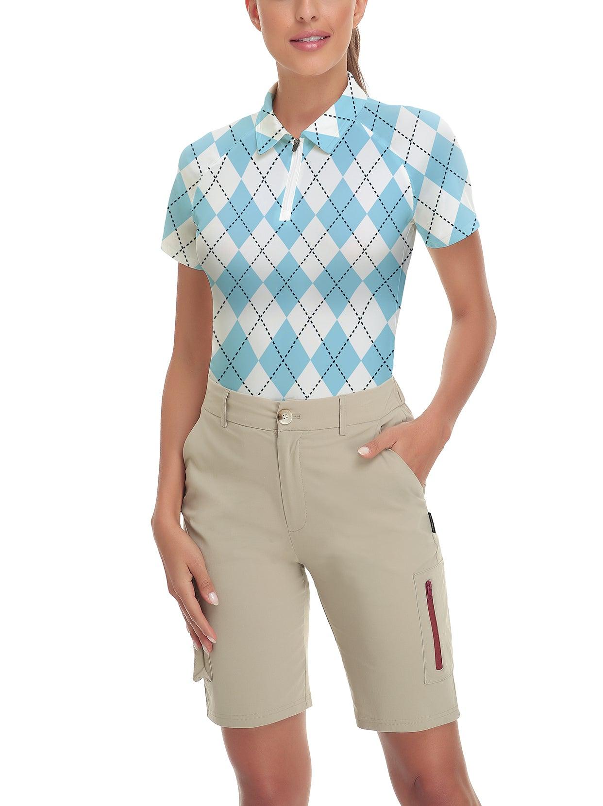 Blue and White Checkboard Short-sleeve Golf Polo for Women