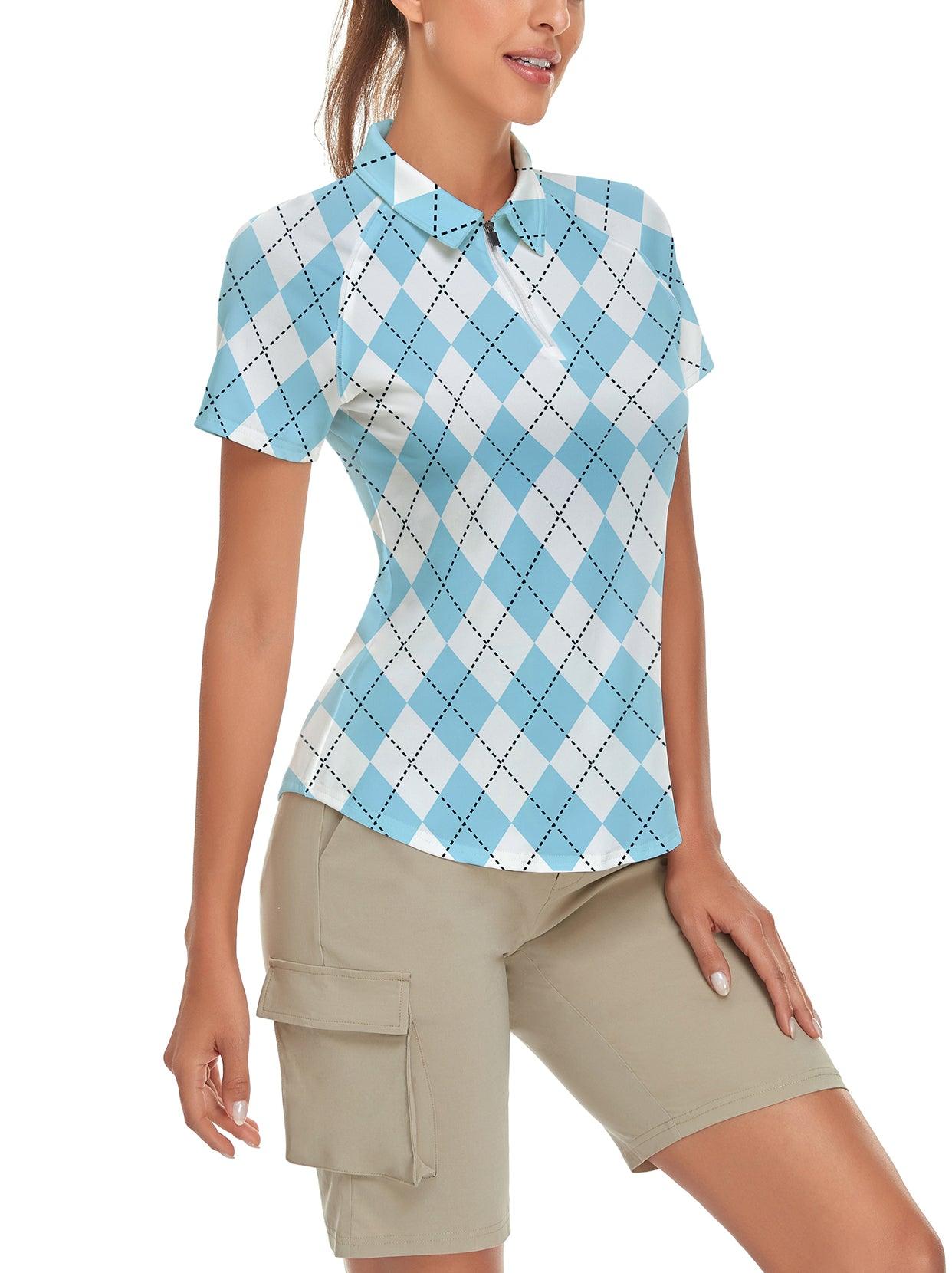 Blue and White Checkboard Short-sleeve Golf Polo for Women