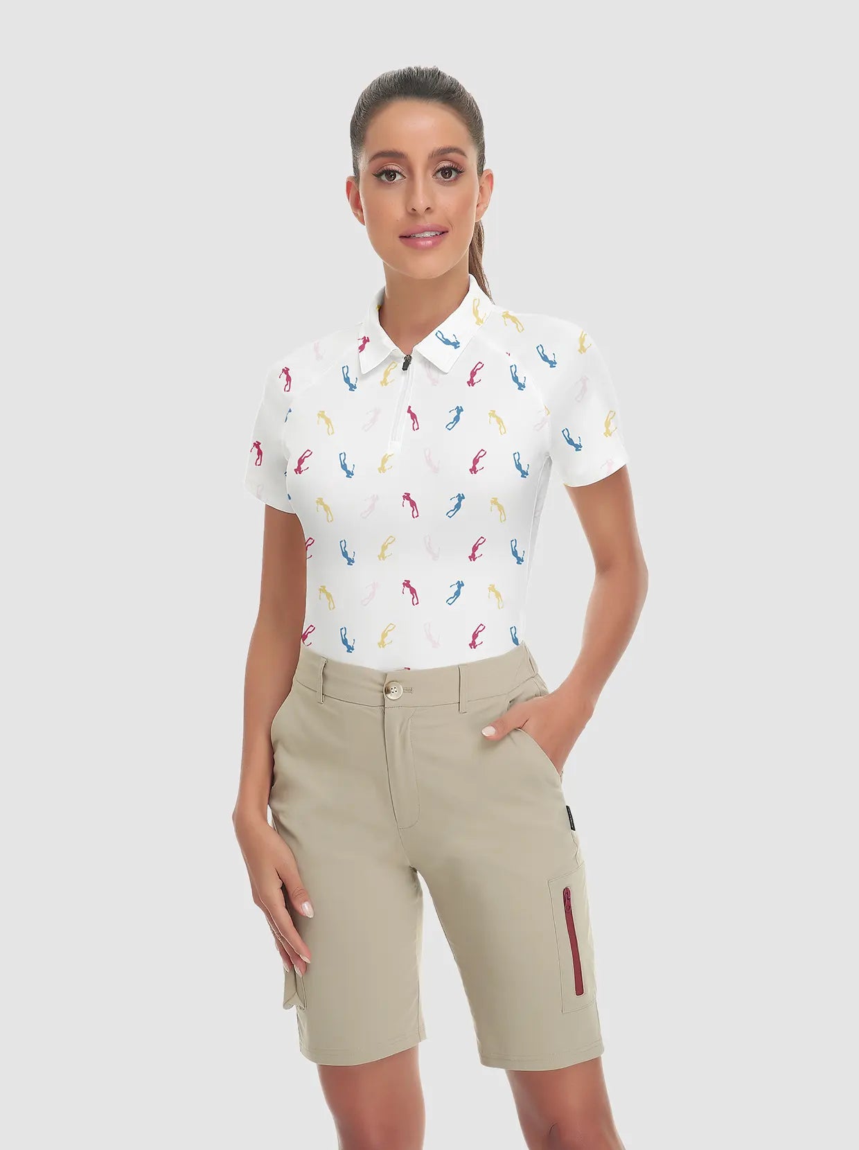 Colorful Golfer Pattern Quarter-zip Short-sleeve Golf Shirt for Ladies