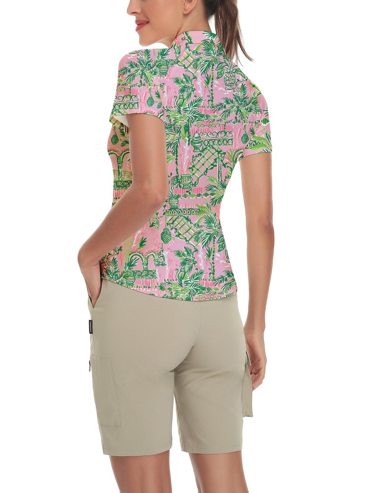 Green Print on Pink Background Short-sleeve Golf Polo for Ladies