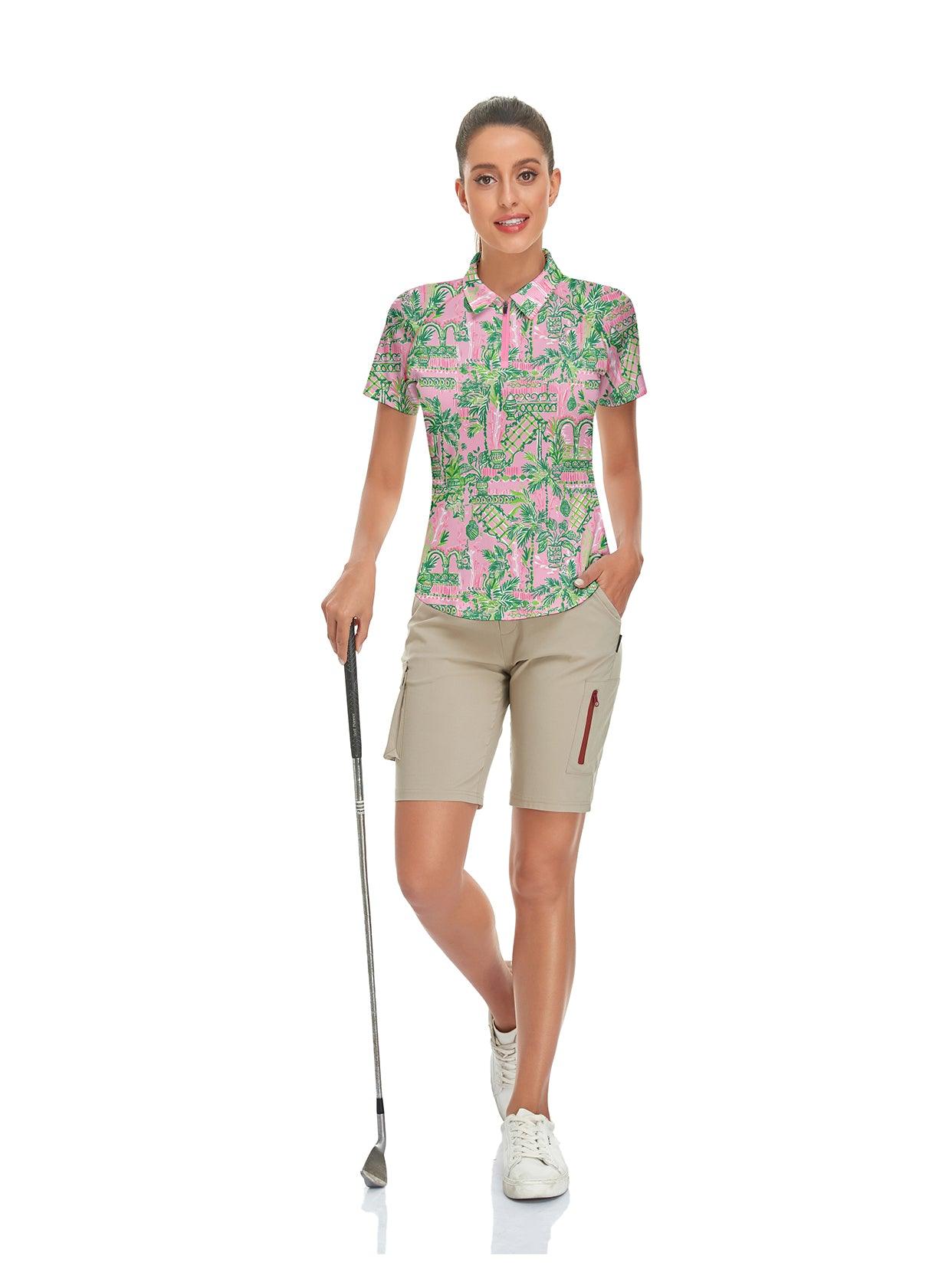 Green Print on Pink Background Short-sleeve Golf Polo for Ladies