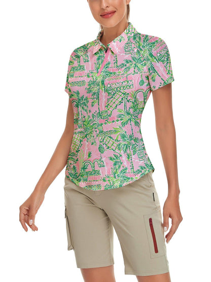 Green Print on Pink Background Short-sleeve Golf Polo for Ladies