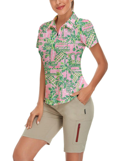 Green Print on Pink Background Short-sleeve Golf Polo for Ladies