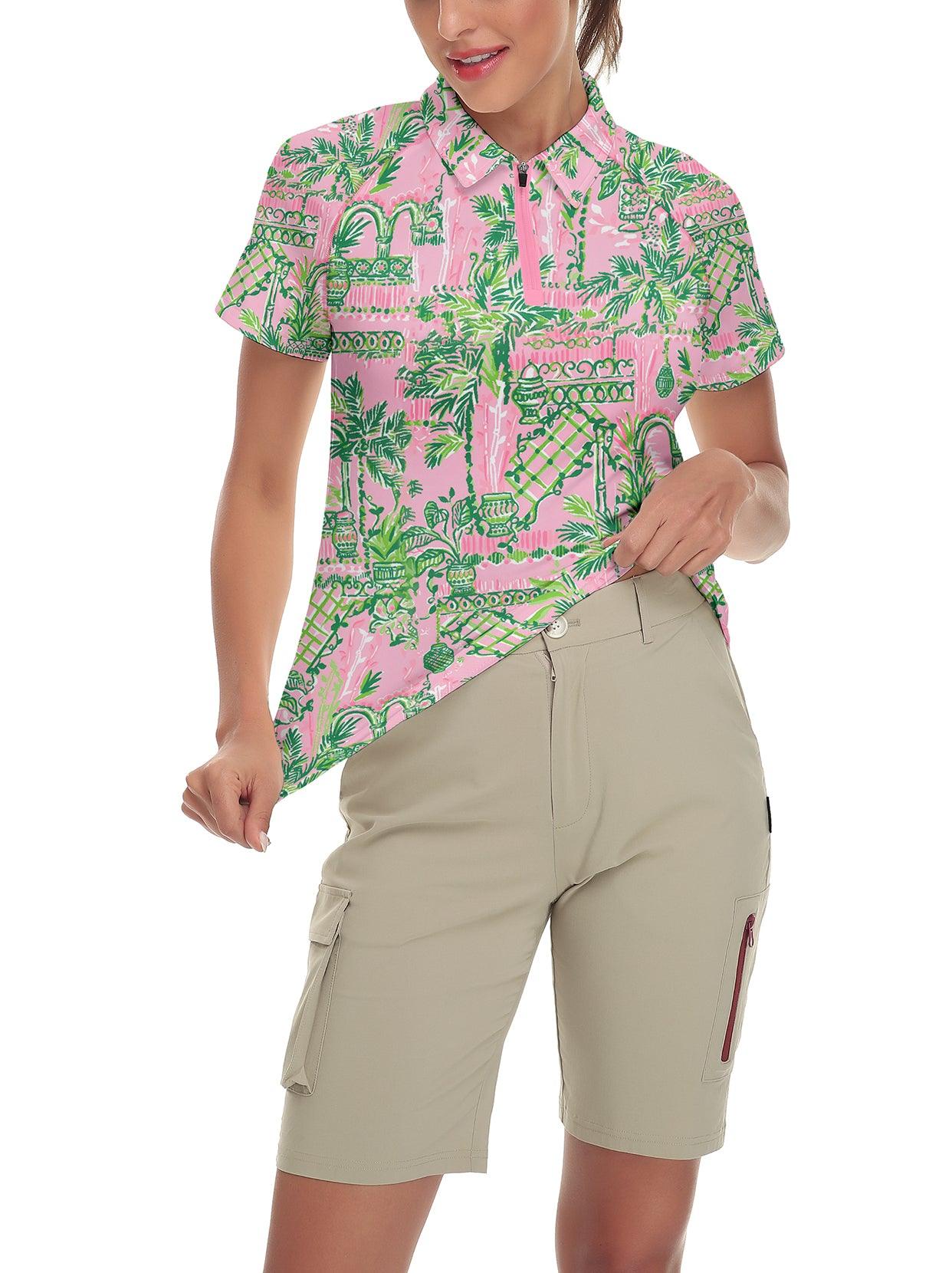 Green Print on Pink Background Short-sleeve Golf Polo for Ladies