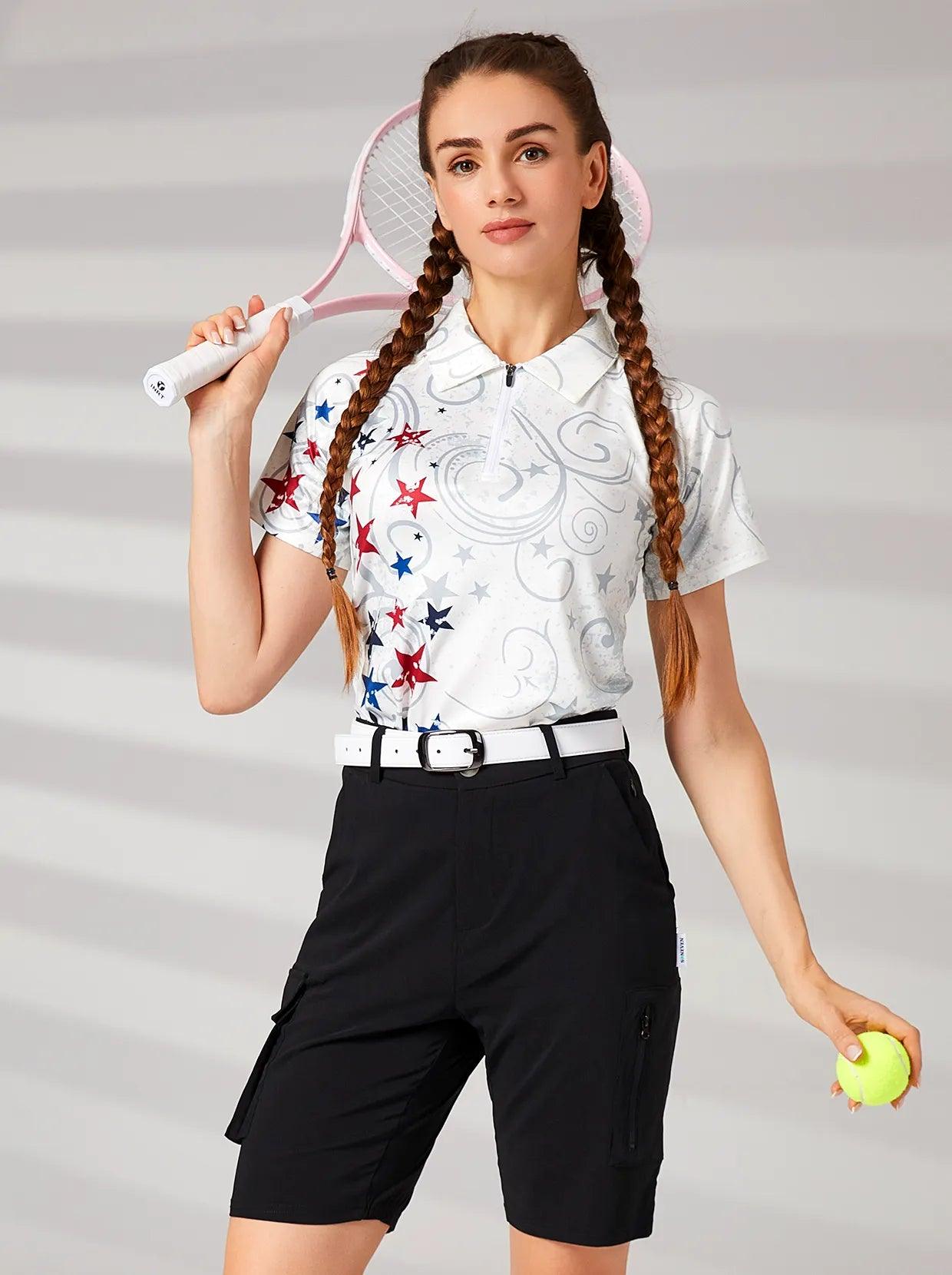 Red and Blue Stars Short-sleeve Golf Shirt for Ladies