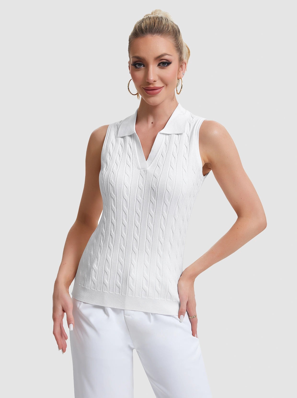 Basic V-neck Sleeveless Cable-Knit Vest for Women