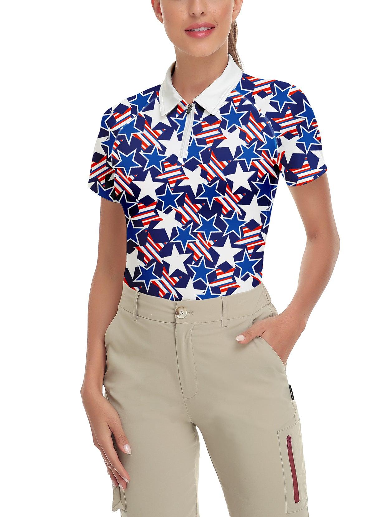 Blue and White Stars Short-sleeve Golf Polo for Women